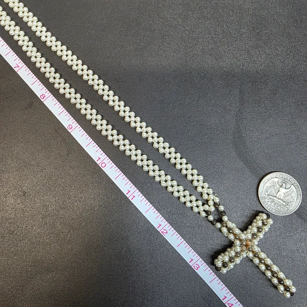 Woven Faux Pearl Seed Beaded Cross Pendant Necklace Cream Bronze